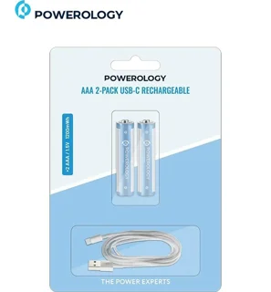 باطری قلمی شارژی 2عددی AAA پاورولوژی 1200mWh درگاه شارژ Type-C