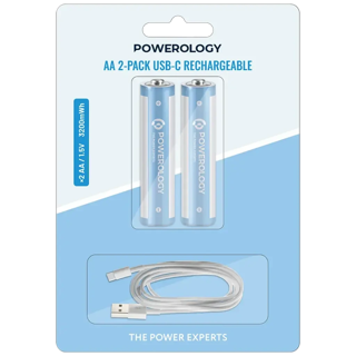 باطری قلمی شارژی 2عددی AA پاورولوژی 3200mWh درگاه شارژ Type-C